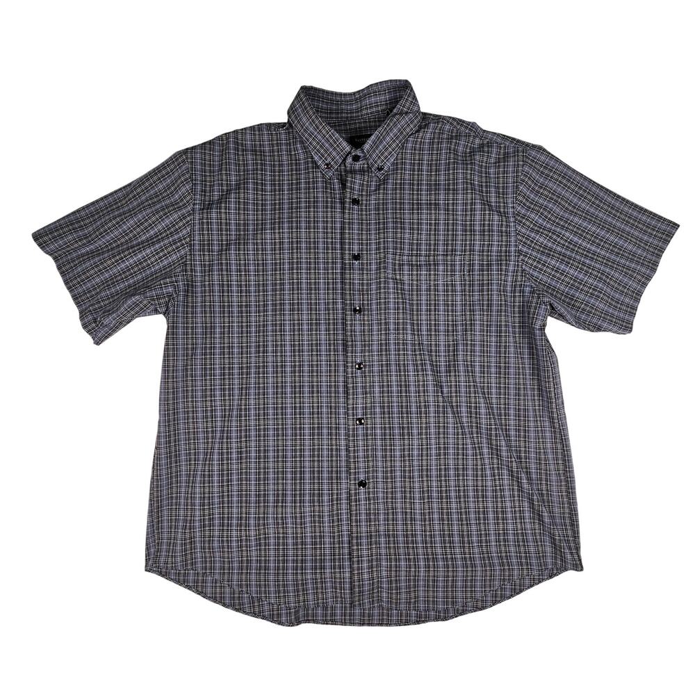 Van Heusen Mens XL Blue Black Plaid Short Sleeve Shirt 17-17.5 Wrinkle Free EUC!